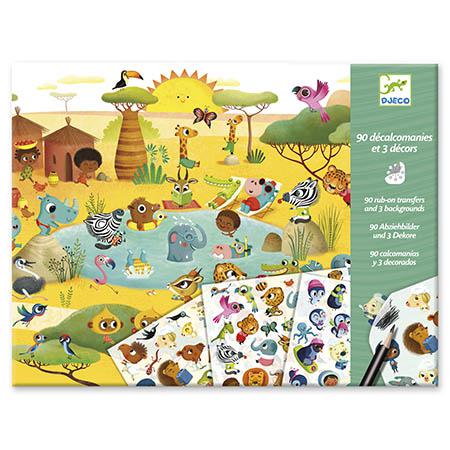 Djeco 90 Decalques e 3 cenários - Savana Deserto e Pólo Norte