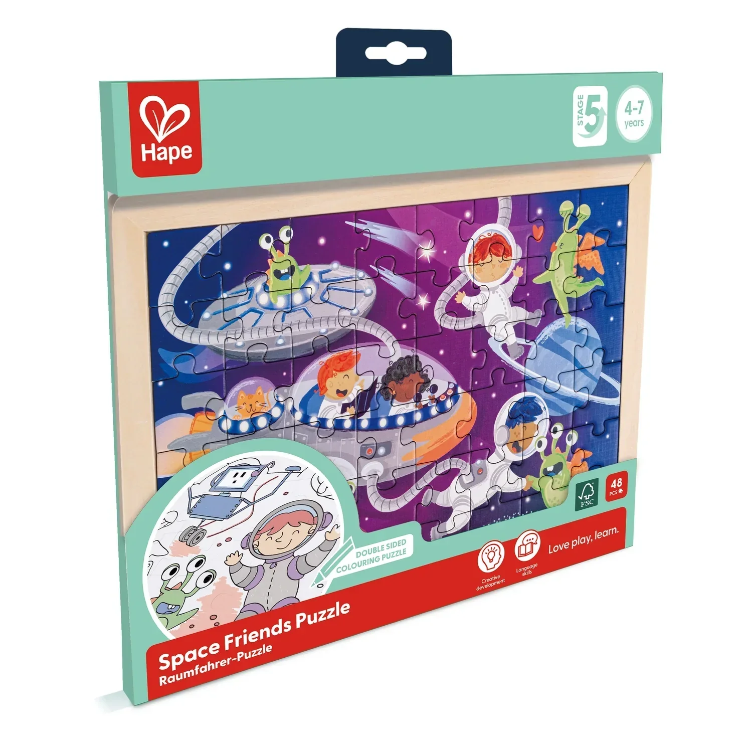 Hape Puzzle de madeira Amigos no espaço 2 em 1