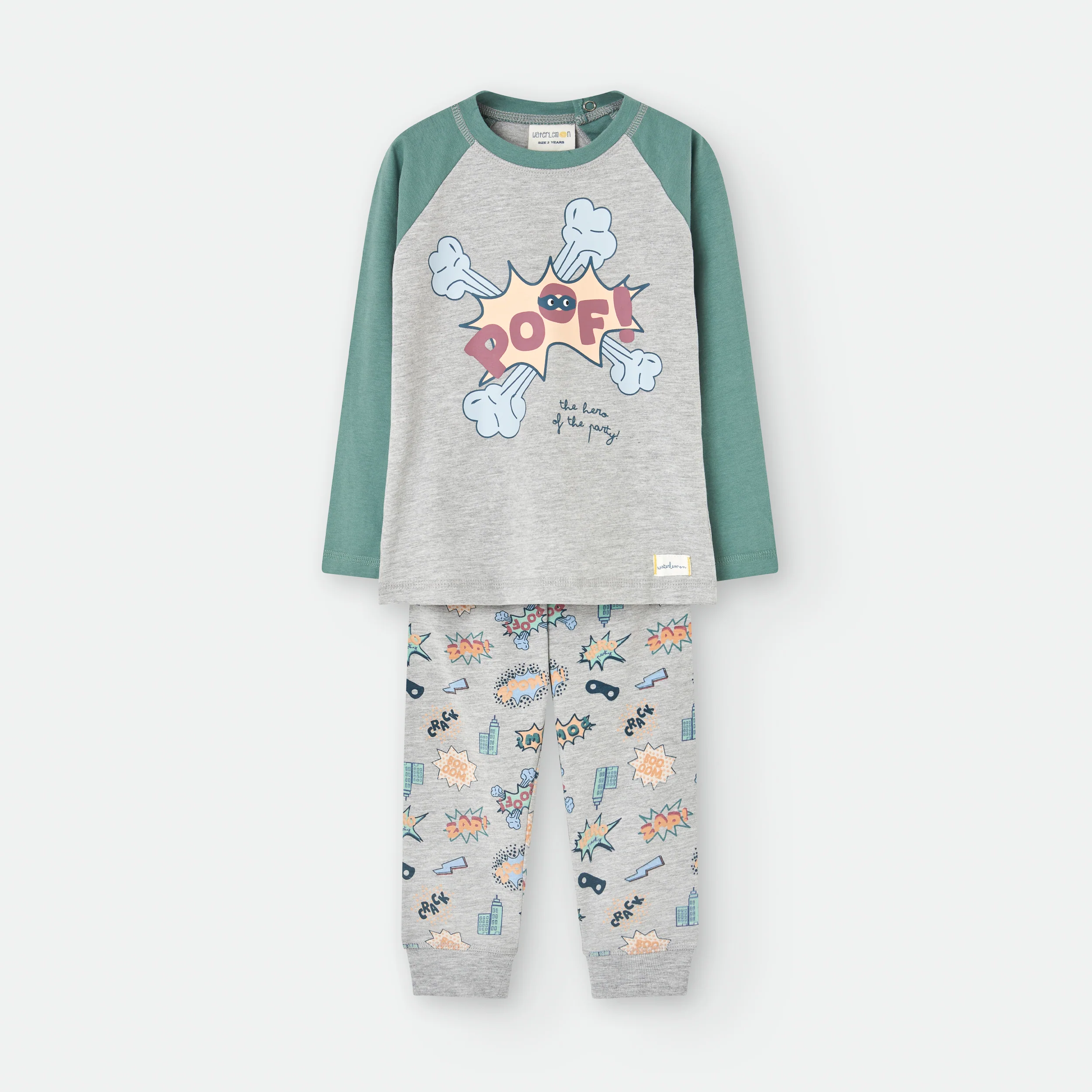 Waterlemon Pijama Meia Estação Cinza/Verde 100% algodão